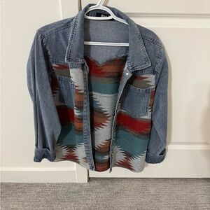 Denim Jacket with Southwestern Pattern
